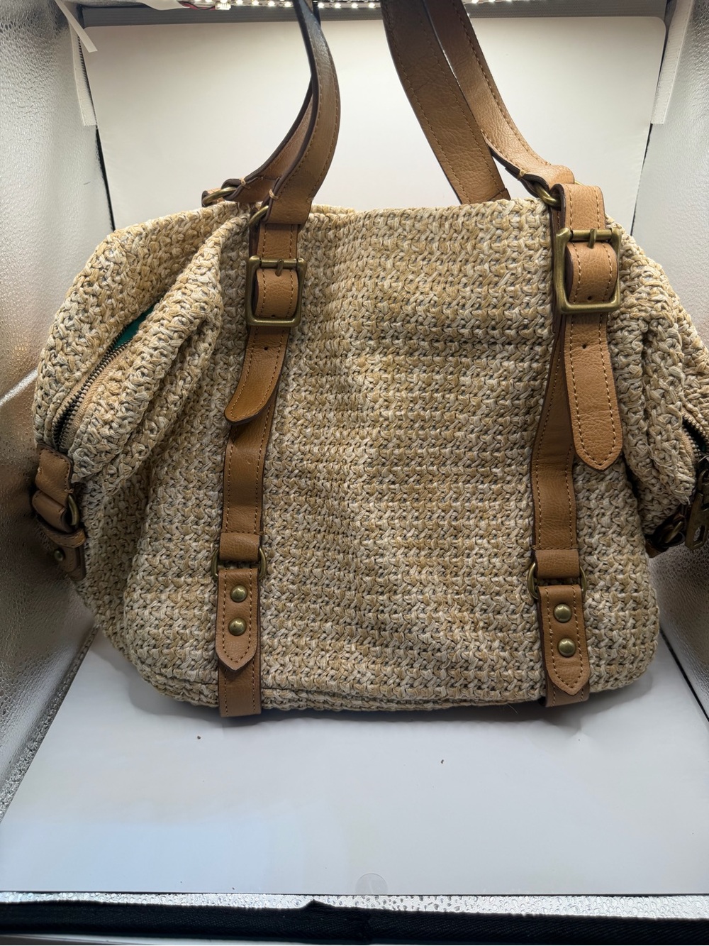 Gap Woven Straw Tote Bag Tan Faux Leather Trim Summer Beach Boho